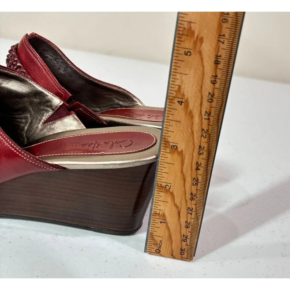 Cole Haan Red Leather Wedge Clogs Mules Shoes Womens 9B Braid Western Boho